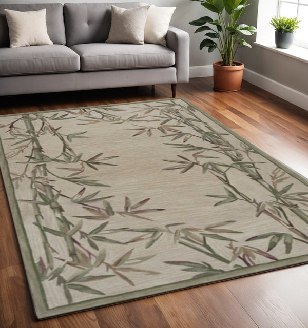 HomeRoots 5' Luxurious Hand-Tufted Wool Area Rug with Serene Botanical Leaf Design in Ivory, Green, Brown 5' X 8' 350042