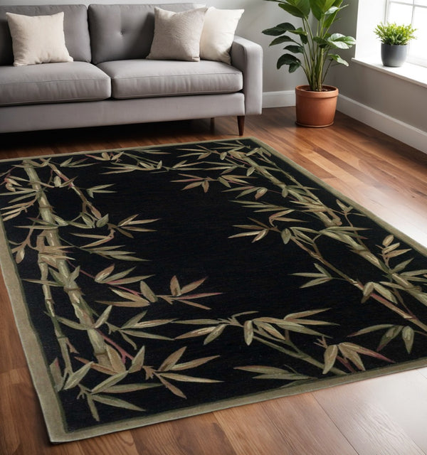 HomeRoots 5' Tropical Botanical Hand-Tufted Wool Area Rug in Black, Green & Brown - Elegant Comfort for Any Space 5' X 8' 350043