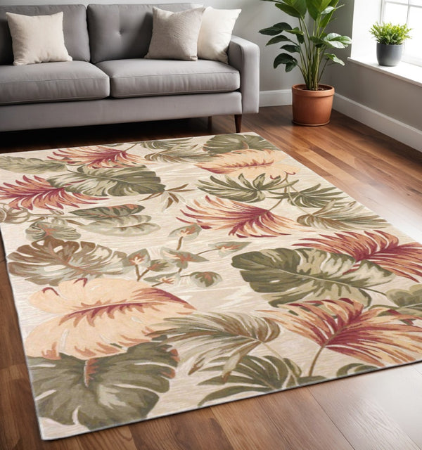 HomeRoots 5' Wool Botanical Leaves Hand-Tufted Area Rug in Beige, Green & Pink - Artisanal Charm for Your Home 5' X 8' 350044