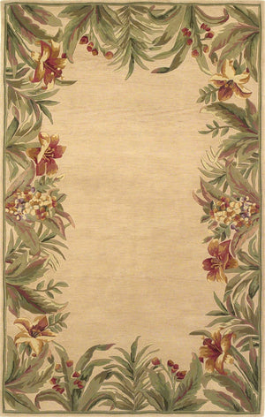 HomeRoots 5' Hand-Tufted Wool Area Rug with Tropical Floral Design – Luxurious Beige, Red & Green Elegance 5' X 8' 350045
