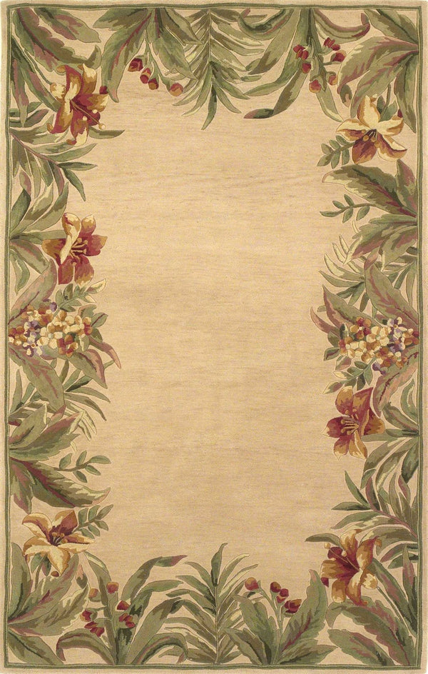 HomeRoots 5' Hand-Tufted Wool Area Rug with Tropical Floral Design – Luxurious Beige, Red & Green Elegance 5' X 8' 350045