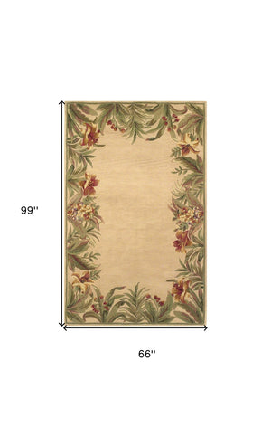 HomeRoots 5' Hand-Tufted Wool Area Rug with Tropical Floral Design – Luxurious Beige, Red & Green Elegance 5' X 8' 350045