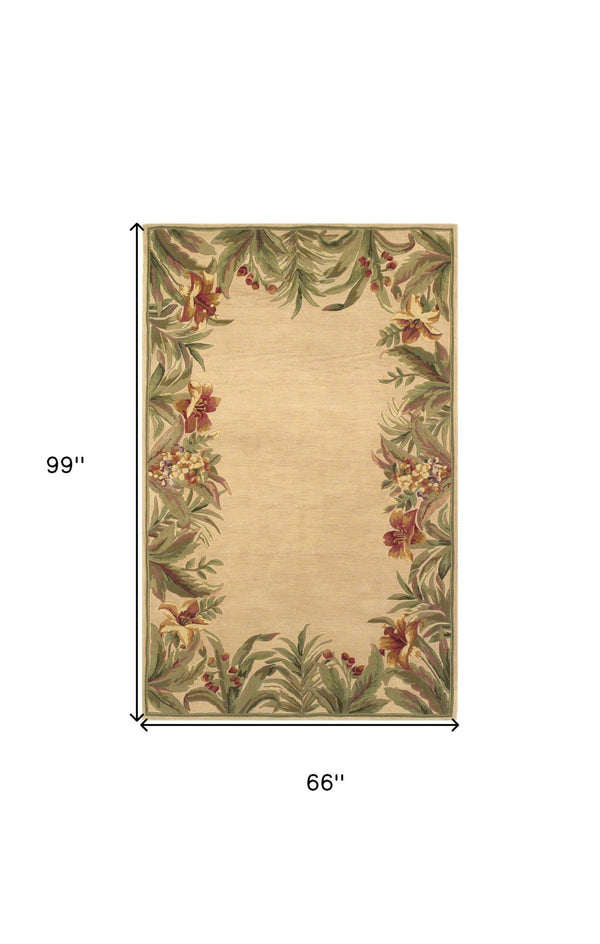 HomeRoots 5' Hand-Tufted Wool Area Rug with Tropical Floral Design – Luxurious Beige, Red & Green Elegance 5' X 8' 350045