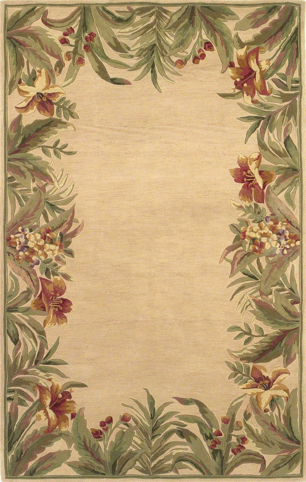 HomeRoots 5' Hand-Tufted Wool Area Rug with Tropical Floral Design – Luxurious Beige, Red & Green Elegance 5' X 8' 350045