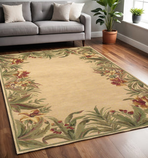 HomeRoots 5' Hand-Tufted Wool Area Rug with Tropical Floral Design – Luxurious Beige, Red & Green Elegance 5' X 8' 350045