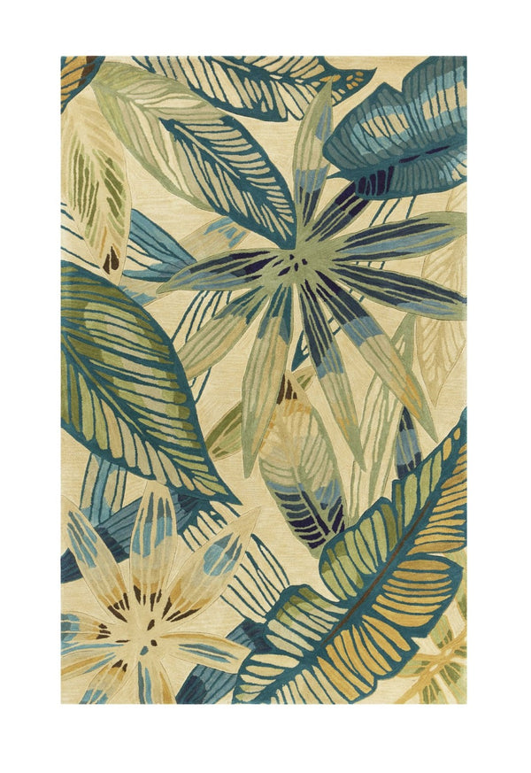 HomeRoots 5' Tropical Botanical Hand-Tufted Area Rug in Ivory, Teal & Green - Soft Wool for Cozy Spaces 5' X 8' 350047