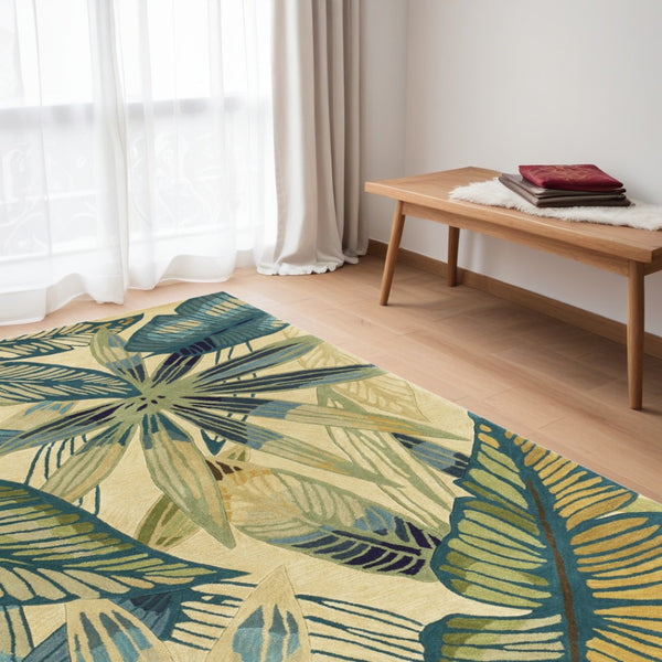 HomeRoots 5' Tropical Botanical Hand-Tufted Area Rug in Ivory, Teal & Green - Soft Wool for Cozy Spaces 5' X 8' 350047