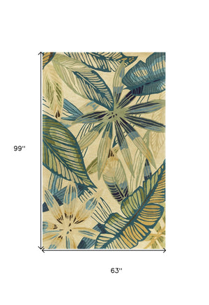 HomeRoots 5' Tropical Botanical Hand-Tufted Area Rug in Ivory, Teal & Green - Soft Wool for Cozy Spaces 5' X 8' 350047