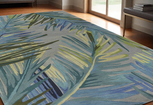 Homeroots 5' X 8' Grey Blue Hand Tufted Tropical Palms Indoor Area Rug  Wool 350048