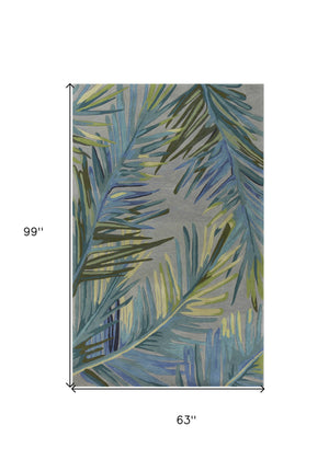 Homeroots 5' X 8' Grey Blue Hand Tufted Tropical Palms Indoor Area Rug  Wool 350048