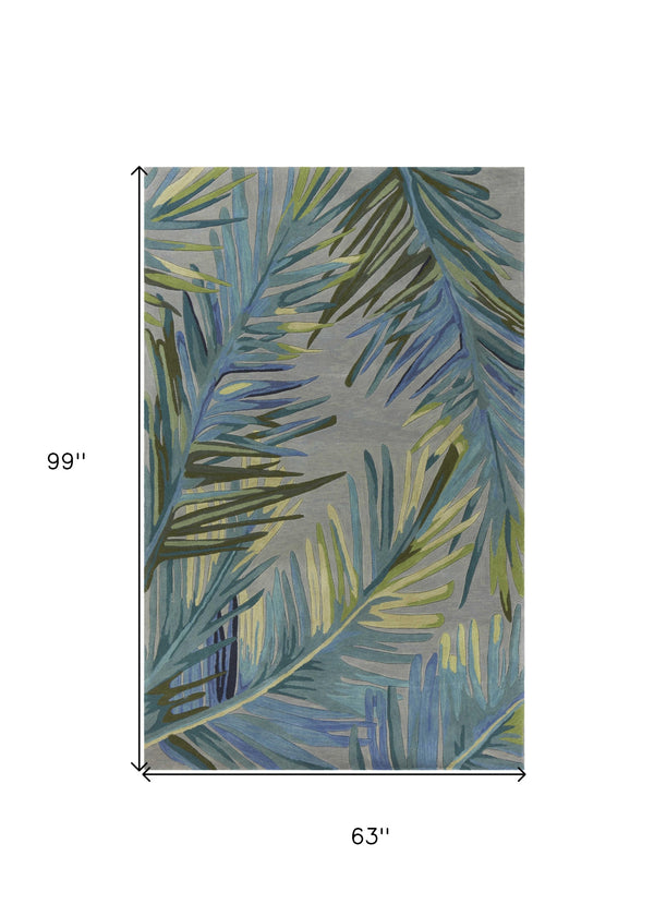 Homeroots 5' X 8' Grey Blue Hand Tufted Tropical Palms Indoor Area Rug  Wool 350048