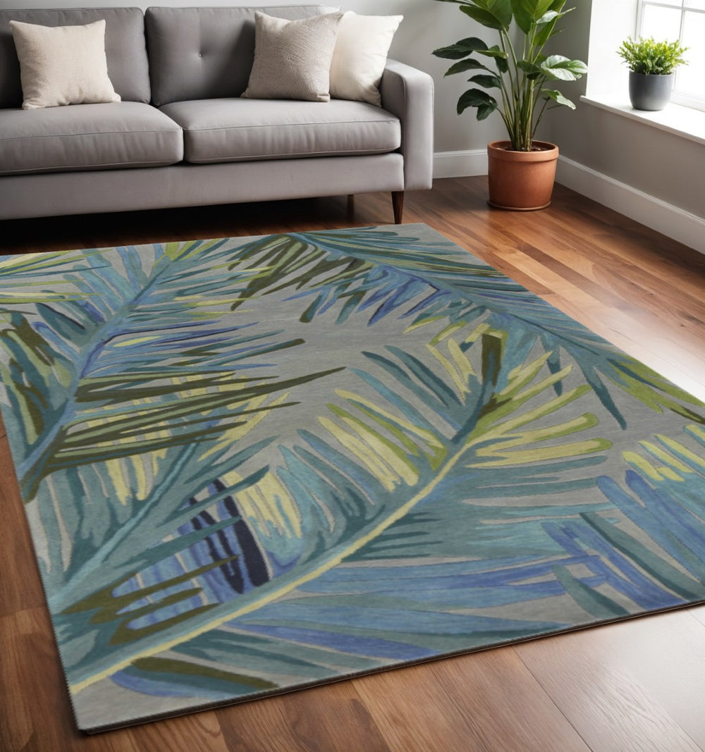 HomeRoots 5' Elegant Blue and Gray Tropical Botanical Hand-Tufted Wool Area Rug - Perfect for Any Room Decor! 5' X 8' 350048