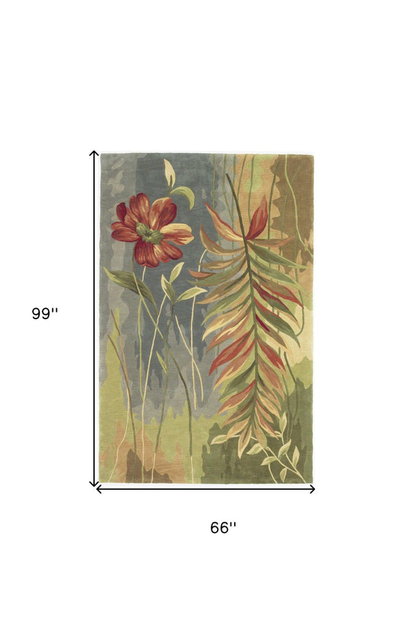 HomeRoots 5' Tropical Botanical Hand-Tufted Wool Area Rug in Blue and Green - Plush Comfort & Style 5' X 8' 350049