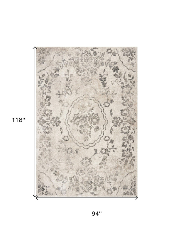 HomeRoots 8' Gray and Tan Floral Distressed Area Rug - Timeless Vintage Style for High-Traffic Family Spaces 8' X 10' 350055