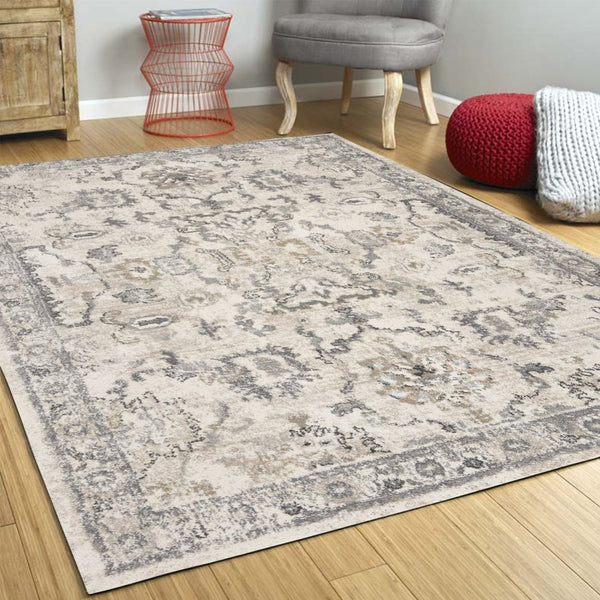 HomeRoots 8' Elegant Ivory and Gray Floral Medallion Area Rug - Durable, Low-Maintenance Design for Homes 8' X 10' 350057
