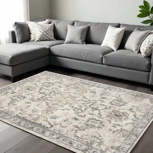 HomeRoots 8' Elegant Ivory and Gray Floral Medallion Area Rug - Durable, Low-Maintenance Design for Homes 8' X 10' 350057
