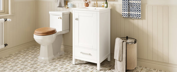 English Elm 18-Inch Modern Bathroom Vanity with Ceramic Sink, Soft-Close Doors, Divider Drawer & Adjusting Feet White N729P334854K