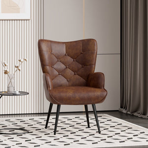 English Elm Elegant Upholstered Chair Ergonomic Wing-Back Armchair with PU Leather, Metal Legs, 150kg Capacity Brown T3950P394352