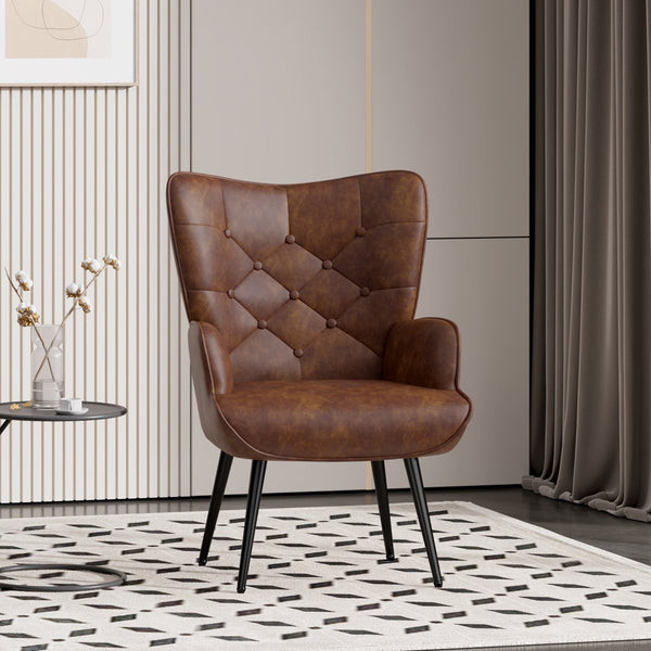 English Elm Elegant Upholstered Chair Ergonomic Wing-Back Armchair with PU Leather, Metal Legs, 150kg Capacity Brown T3950P394352