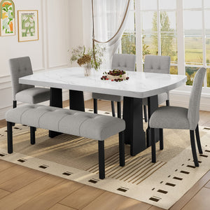 English Elm 6 Piece Dining Set with Rectangular Solid Wood Table, Upholstered Chairs & Bench, Rustic Charm, Easy Assembly, Seats 6 Gray,White N752S000011E