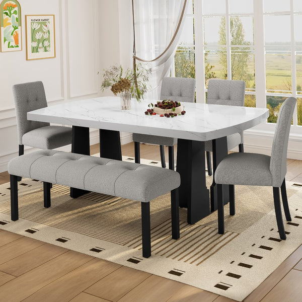 English Elm 6 Piece Dining Set with Rectangular Solid Wood Table, Upholstered Chairs & Bench, Rustic Charm, Easy Assembly, Seats 6 Gray,White N752S000011E