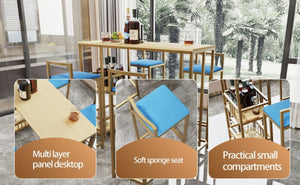 English Elm Bar Table and Four Cushioned Chairs Gold Iron Frame with Built-in Shelf Coastal Style W3064P245382