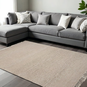 HomeRoots 7' Hand-Woven Beige Wool Area Rug - Soft, Durable, Artisan-Crafted for Timeless Elegance and Comfort 7' X 9' 350144