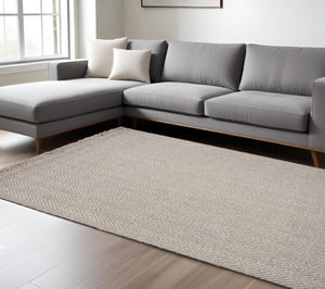 HomeRoots 8' Hand-Woven Wool Chevron Area Rug in Beige & Gray - Timeless Texture with Fringed Edges 8' X 10' 350147