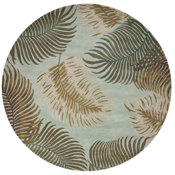 HomeRoots 5' Hand-Tufted Wool Botanical Leaves Area Rug in Aqua and Brown for Timeless, Cozy Elegance 7' Round 350148