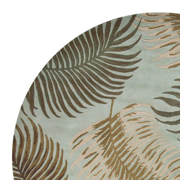 HomeRoots 5' Hand-Tufted Wool Botanical Leaves Area Rug in Aqua and Brown for Timeless, Cozy Elegance 7' Round 350148