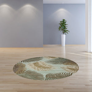 HomeRoots 5' Hand-Tufted Wool Botanical Leaves Area Rug in Aqua and Brown for Timeless, Cozy Elegance 7' Round 350148