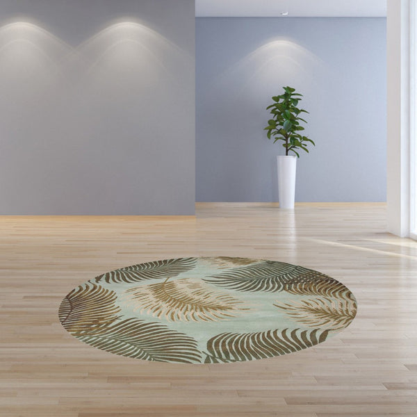 HomeRoots 5' Hand-Tufted Wool Botanical Leaves Area Rug in Aqua and Brown for Timeless, Cozy Elegance 7' Round 350148