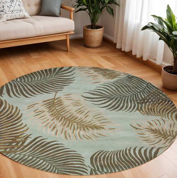 HomeRoots 5' Hand-Tufted Wool Botanical Leaves Area Rug in Aqua and Brown for Timeless, Cozy Elegance 7' Round 350148
