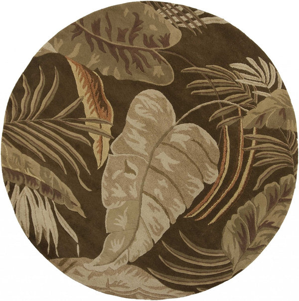 HomeRoots 5' Hand-Tufted Wool Area Rug with Brown and Beige Botanical Leaves – Artisanal Comfort for Every Room 7' Round 350150