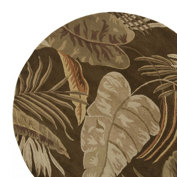 HomeRoots 5' Hand-Tufted Wool Area Rug with Brown and Beige Botanical Leaves – Artisanal Comfort for Every Room 7' Round 350150