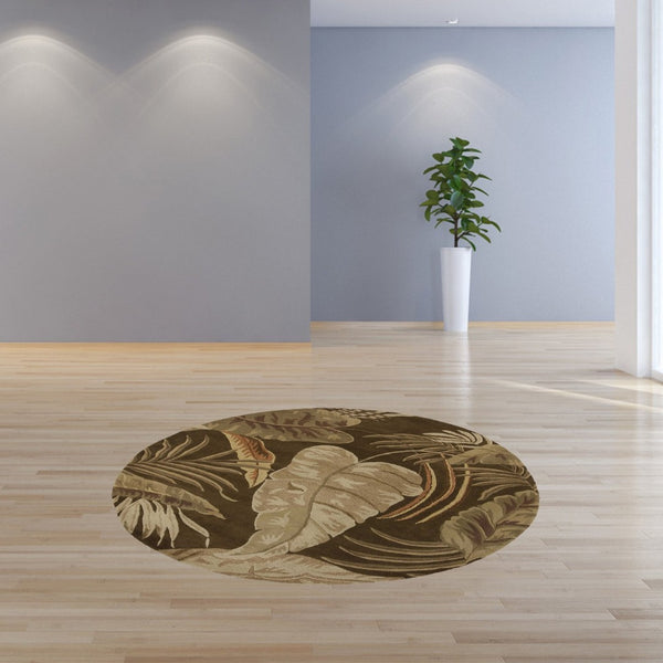 HomeRoots 5' Hand-Tufted Wool Area Rug with Brown and Beige Botanical Leaves – Artisanal Comfort for Every Room 7' Round 350150
