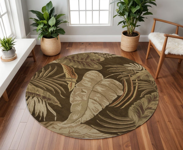 HomeRoots 5' Hand-Tufted Wool Area Rug with Brown and Beige Botanical Leaves – Artisanal Comfort for Every Room 7' Round 350150