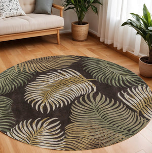 HomeRoots 5' Hand-Tufted Wool Area Rug with Botanical Leaves Design in Espresso, Beige, and Green Tones 7' Round 350152