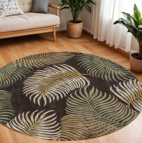 HomeRoots 5' Hand-Tufted Wool Area Rug with Botanical Leaves Design in Espresso, Beige, and Green Tones 7' Round 350152