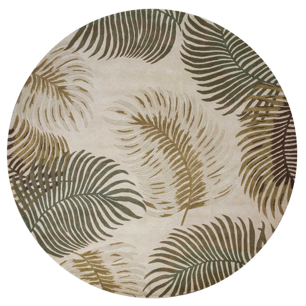 Homeroots 8' Natural Beige Hand Tufted Tropical Leaves Round Indoor Area Rug  Wool 350153