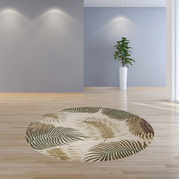 Homeroots 8' Natural Beige Hand Tufted Tropical Leaves Round Indoor Area Rug  Wool 350153
