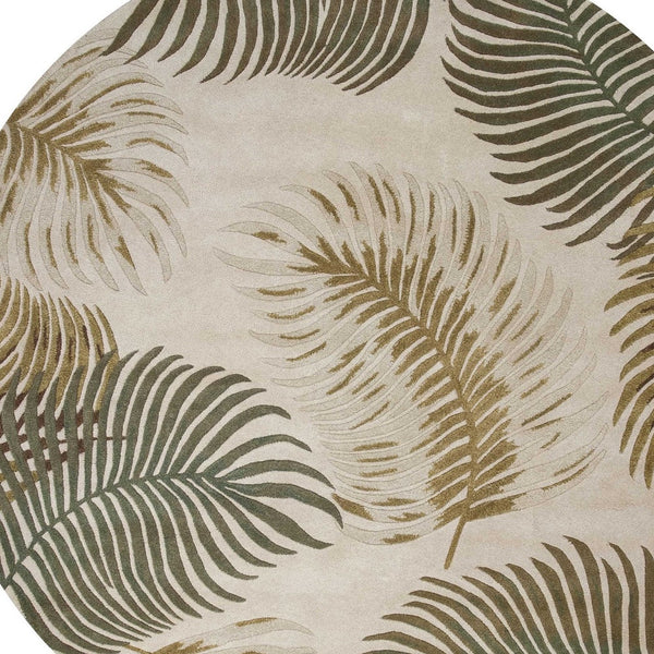Homeroots 8' Natural Beige Hand Tufted Tropical Leaves Round Indoor Area Rug  Wool 350153