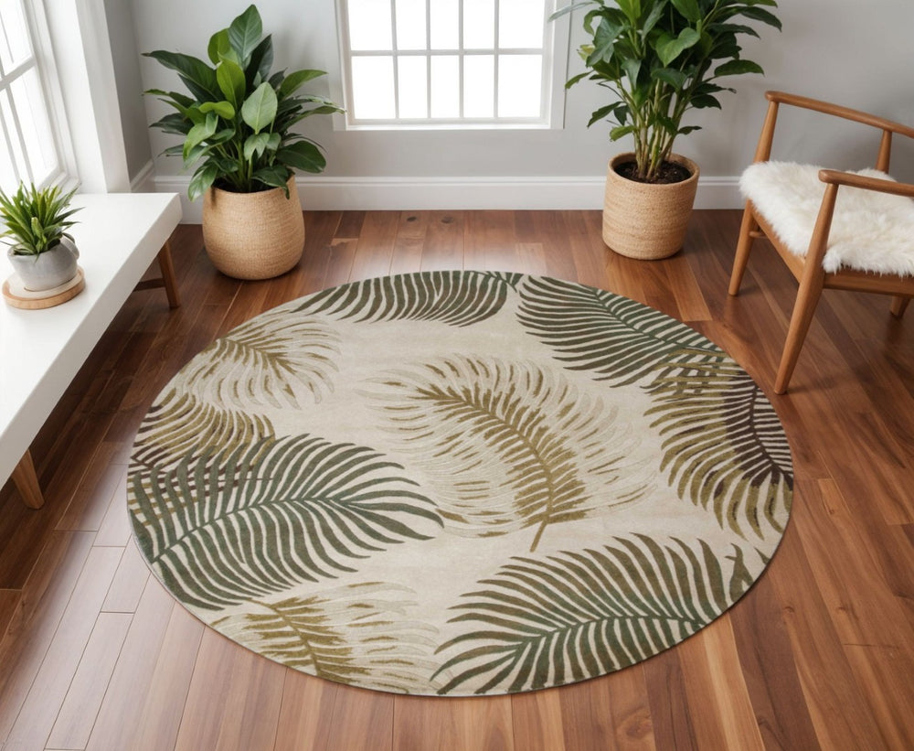 HomeRoots 8' Hand-Tufted Wool Rug with Botanical Leaves Design – Soft, Stylish, and Perfect for Any Space! 8' Round 350153