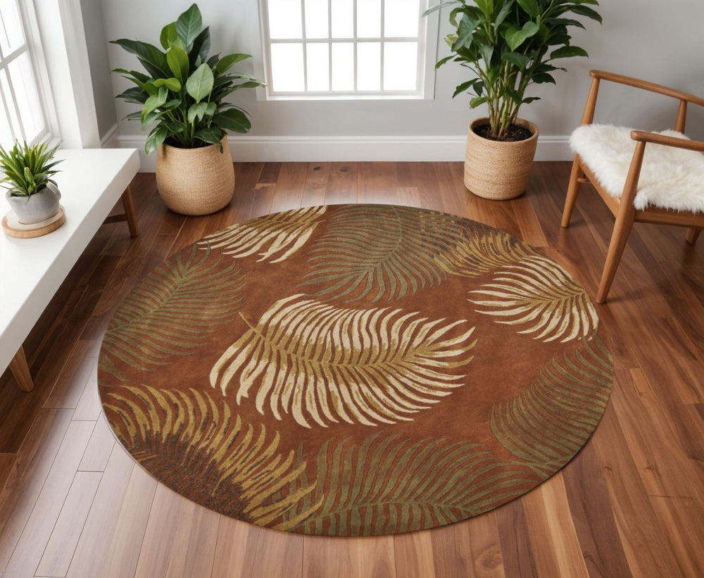 HomeRoots 8' Hand-Tufted Wool Rug with Rust Orange and Green Botanical Leaves for Cozy Living Spaces 8' Round 350154
