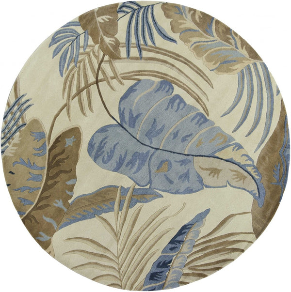 HomeRoots 5' Tropical Botanical Wool Area Rug in Ivory, Blue & Brown - Hand-Tufted Coastal Charm for Any Room 8' Round 350155