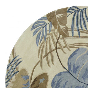 HomeRoots 5' Tropical Botanical Wool Area Rug in Ivory, Blue & Brown - Hand-Tufted Coastal Charm for Any Room 8' Round 350155