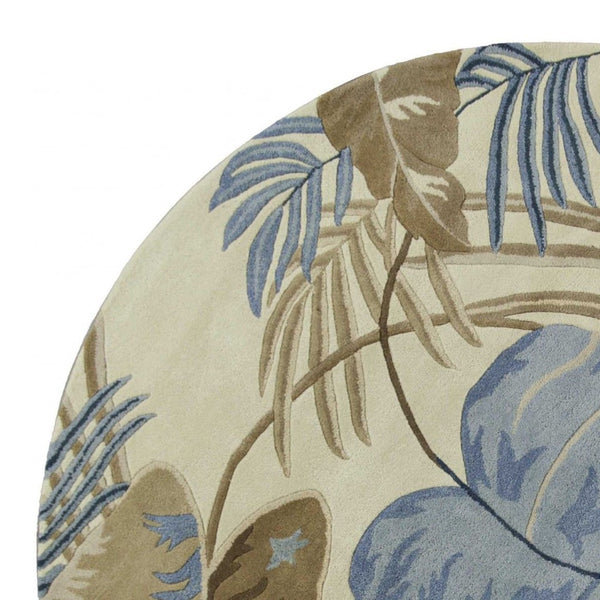 HomeRoots 5' Tropical Botanical Wool Area Rug in Ivory, Blue & Brown - Hand-Tufted Coastal Charm for Any Room 8' Round 350155