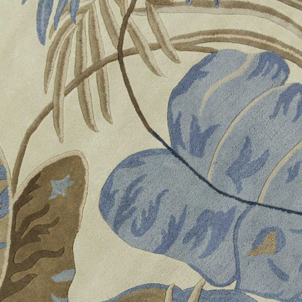 HomeRoots 5' Tropical Botanical Wool Area Rug in Ivory, Blue & Brown - Hand-Tufted Coastal Charm for Any Room 8' Round 350155