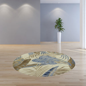 HomeRoots 5' Tropical Botanical Wool Area Rug in Ivory, Blue & Brown - Hand-Tufted Coastal Charm for Any Room 8' Round 350155