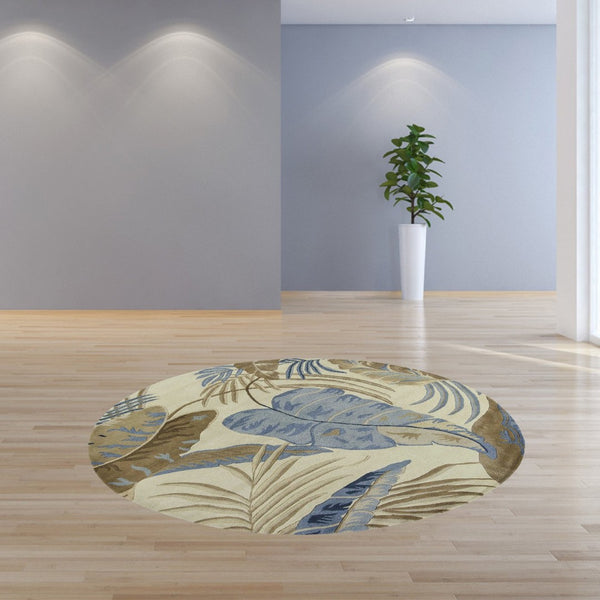 HomeRoots 5' Tropical Botanical Wool Area Rug in Ivory, Blue & Brown - Hand-Tufted Coastal Charm for Any Room 8' Round 350155